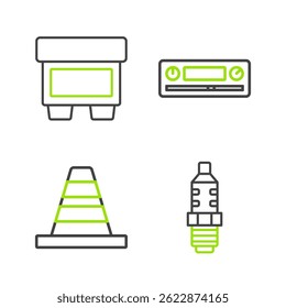 Ajuste la línea Bujía del coche, cono de tráfico, audio e icono del fusible. Vector