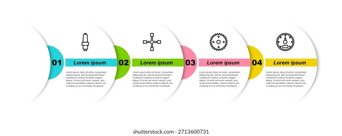 Set line Bujía de coche, llave de rueda, engranaje y velocímetro. Plantilla de infografía de negocios. Vector
