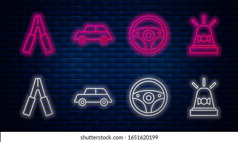 Set line Car, Steering wheel, Car battery jumper power cable and Flasher siren. Glowing neon icon on brick wall. Vector