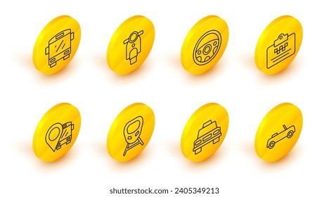 Set line Car, Taxi car, High-speed train, Location with bus, driver license, Steering wheel, Scooter and Bus icon. Vector