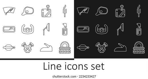 Set line Car tire, Gear shifter, Sport steering wheel, door handle, Windscreen wiper,  and mirror icon. Vector