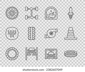 Set line Car tire wheel, air filter, Motor gas gauge, Repair car on lift, Alloy for, wash and Traffic cone icon. Vector