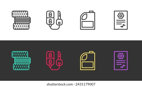 Set line Car tire wheel, key with remote, Canister for motor machine oil and Auto service check automotive on black and white. Vector