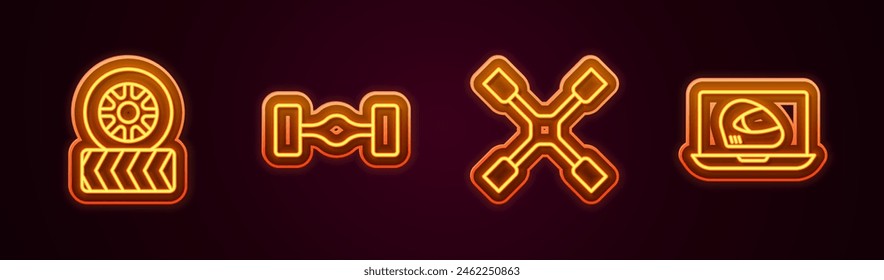 Juego de línea Rueda de neumáticos de coche, coche de chasis, Llave de ruedas y casco de carreras. Icono de neón brillante. Vector