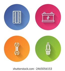Set line Car tire wheel, battery, Wrench spanner and spark plug. Color circle button. Vector