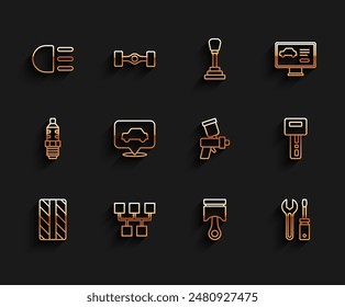 Llave de servicio, llave con mando a distancia e icono de pistola de pintura. Llantas para automóviles, cambio de marchas, luz larga, pistón del motor, destornillador y llave inglesa. Vector