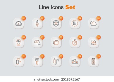 Set line Car tire wheel, Award over sports winner podium, muffler, key with remote, Racing helmet, Alloy for car and Check engine icon. Vector