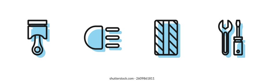 Set line Car tire wheel, Engine piston, High beam and Screwdriver and wrench spanner icon. Vector