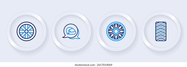 Set line Car tire wheel, Alloy for car, Racing helmet and Stopwatch icon. Vector