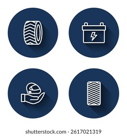 Set line Car tire wheel, battery, Racing helmet and  with long shadow. Blue circle button. Vector