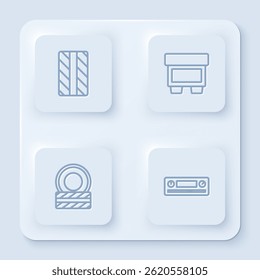 Set line Car tire wheel, Fuse,  and Audio. White square button. Vector