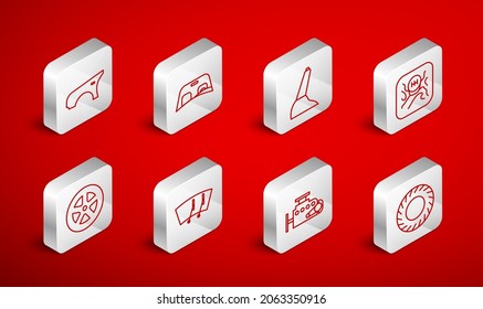 Fije la línea Neumático del vehículo, parabrisas, freno de mano, selector de velocidades, motor, guardabarros, limpiaparabrisas e icono de rueda. Vector