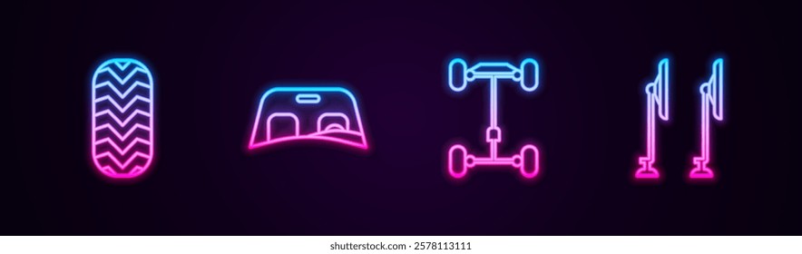 Set line Car tire, windscreen, Chassis car and Windscreen wiper. Glowing neon icon. Vector