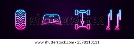Set line Car tire, windscreen, Chassis car and Windscreen wiper. Glowing neon icon. Vector