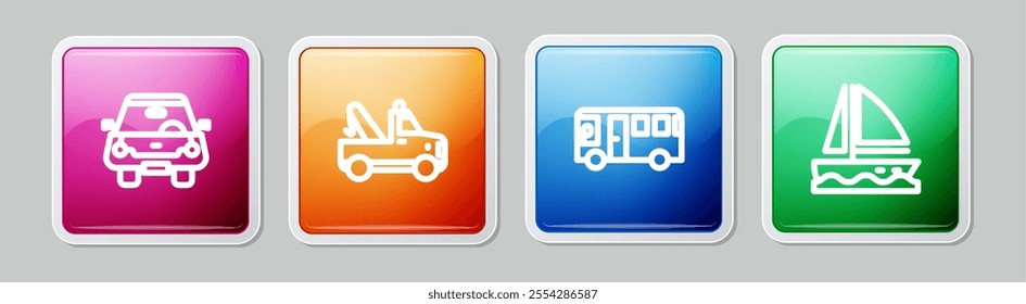 Set line Car, Tow truck, Bus and Yacht sailboat. Colorful square button. Vector