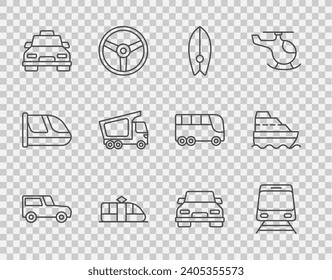 Set line Car, Train and railway, Surfboard, Tram, Taxi car, Delivery cargo truck,  and Cruise ship icon. Vector