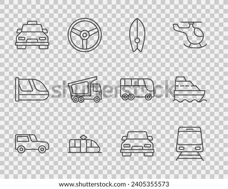 Set line Car, Train and railway, Surfboard, Tram, Taxi car, Delivery cargo truck,  and Cruise ship icon. Vector