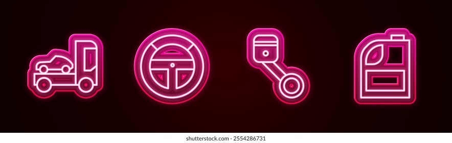 Set line Car transporter truck, Steering wheel, Engine piston and Canister for motor machine oil. Glowing neon icon. Vector