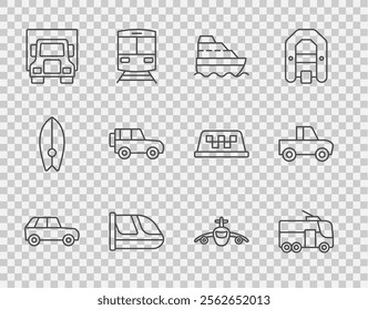 Set line Car, Trolleybus, Cruise ship, Train and railway, Delivery cargo truck, Off road, Plane and Pickup icon. Vector