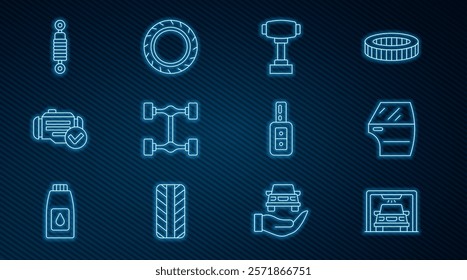 Set line Car wash, door, Gear shifter, Chassis car, Check engine, Shock absorber, key with remote and tire wheel icon. Vector