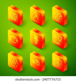 Set line Car wash, Gear shifter, Alloy wheel, Check engine, spark plug, Multimeter,  and Broken car icon. Vector