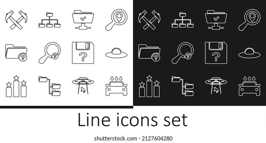 Set Line Car Wash, UFO Flying Spaceship, FTP Operation Successful, Unknown Search, Directory, Two Crossed Hammers, Document And Folder Tree Icon. Vector