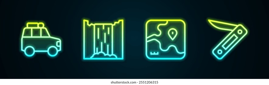 Set line Car, Waterfall, Africa safari map and Swiss army knife. Glowing neon icon. Vector