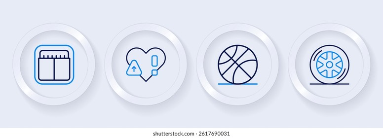 Set line Car wheel, Basketball ball, Heart rate and Sport mechanical scoreboard icon. Vector