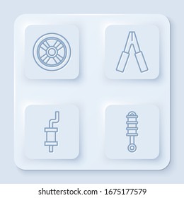 Ajuste la rueda de Camión en línea, el cable de alimentación puente de la batería de Camión, el silenciador de Camión y el amortiguador de choque. Botón cuadrado blanco. Vector