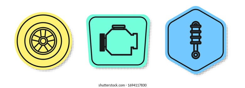 Set line Car wheel, Check engine and Shock absorber. Colored shapes. Vector