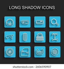 Set line Car wheel, door, Speedometer, Sport steering, tire, Chassis car and  icon. Vector