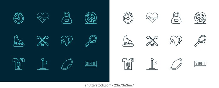 Fijar la línea rueda del coche, bandera, ritmo cardíaco, arco medieval, palos y disco de hockey sobre hielo, peso, reloj de pulsera e icono. Vector