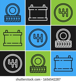 Set line Car wheel, Gear shifter and Car battery icon. Vector