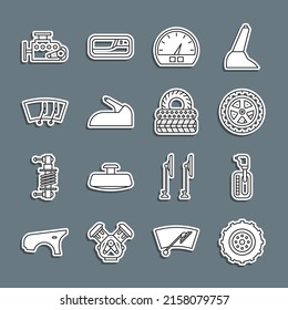 Set line Car wheel, Gear shifter, Speedometer, handbrake, Windscreen wiper, engine and tire icon. Vector