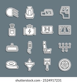 Fije la rueda del coche de la línea, cambiador del engranaje, dispositivo de los GPS con el mapa, espejo, motor de la comprobación, telecontrol dominante, luz alta y condición de los diagnósticos del icono del coche. Vector