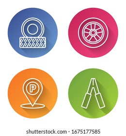 Set line Car wheel, Car wheel, Location with parking and Car battery jumper power cable. Color circle button. Vector