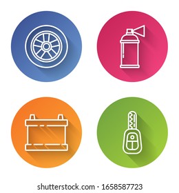 Set line Car wheel, Paint spray can, Car battery and Car key with remote. Color circle button. Vector