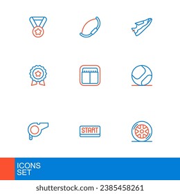 Set line Car wheel, Ribbon in finishing line, Whistle, Baseball ball, Medal with star, Sport mechanical scoreboard, Fitness sneakers shoes and Medieval bow icon. Vector