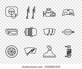 Set line Car wheel, Shock absorber, engine, Windscreen wiper, Oil filler cap at gas station, Electric, Gear shifter and door handle icon. Vector