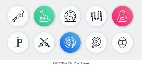 Set line Car wheel, Weight, Flag, Target sport, Jump rope, Soccer football ball, American Football and Fencing icon. Vector