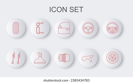 Set line Car wheel, Windscreen wiper, door, fender, tire, Truck side mirror, Gear shifter and Electric engine icon. Vector