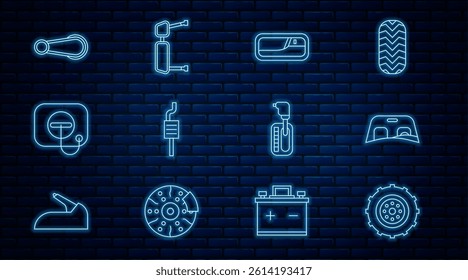Set line Car wheel, windscreen, door handle, muffler, Oil filler cap at gas station, Gear shifter and Truck side mirror icon. Vector