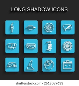 Set line Car windscreen, handbrake, muffler, Speedometer, battery, door handle, wheel and Shock absorber icon. Vector