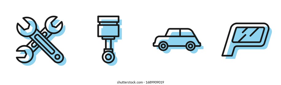 Set line Car, Wrench, Engine piston and Car mirror icon. Vector