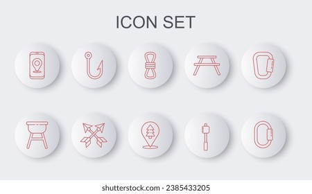 Set line Carabiner, Barbecue grill, Climber rope, Marshmallow on stick, City map navigation, Fishing hook, Crossed arrows and Location of the forest icon. Vector