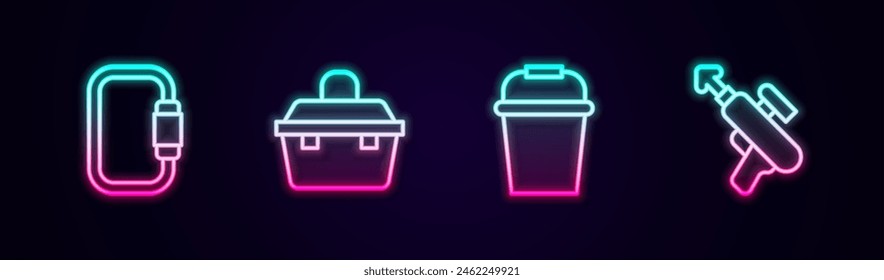Set line Carabiner, Case or box for fishing equipment, Fishing bucket and harpoon. Glowing neon icon. Vector