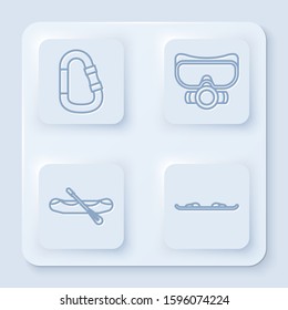 Set line Carabiner, Diving mask, Rafting boat and Snowboard. White square button. Vector