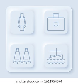 Set line Carabiner, First aid kit, Rubber flippers for swimming and Fishing boat on water. White square button. Vector