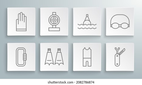 Set line Carabiner, Industry metallic pipes and valve, Rubber flippers for swimming, Wetsuit scuba diving, Swiss army knife, Floating buoy on the sea, Glasses cap and Gloves icon. Vector