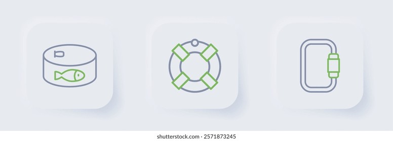 Set line Carabiner, Lifebuoy and Canned fish icon. Vector